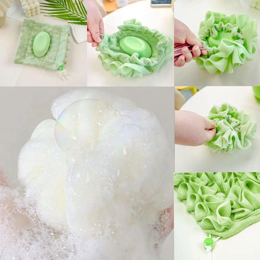 2-in-1 Loofah Soap Pouch – Soft Mesh Bath Sponge & Towel with Drawstring for Gentle Exfoliation