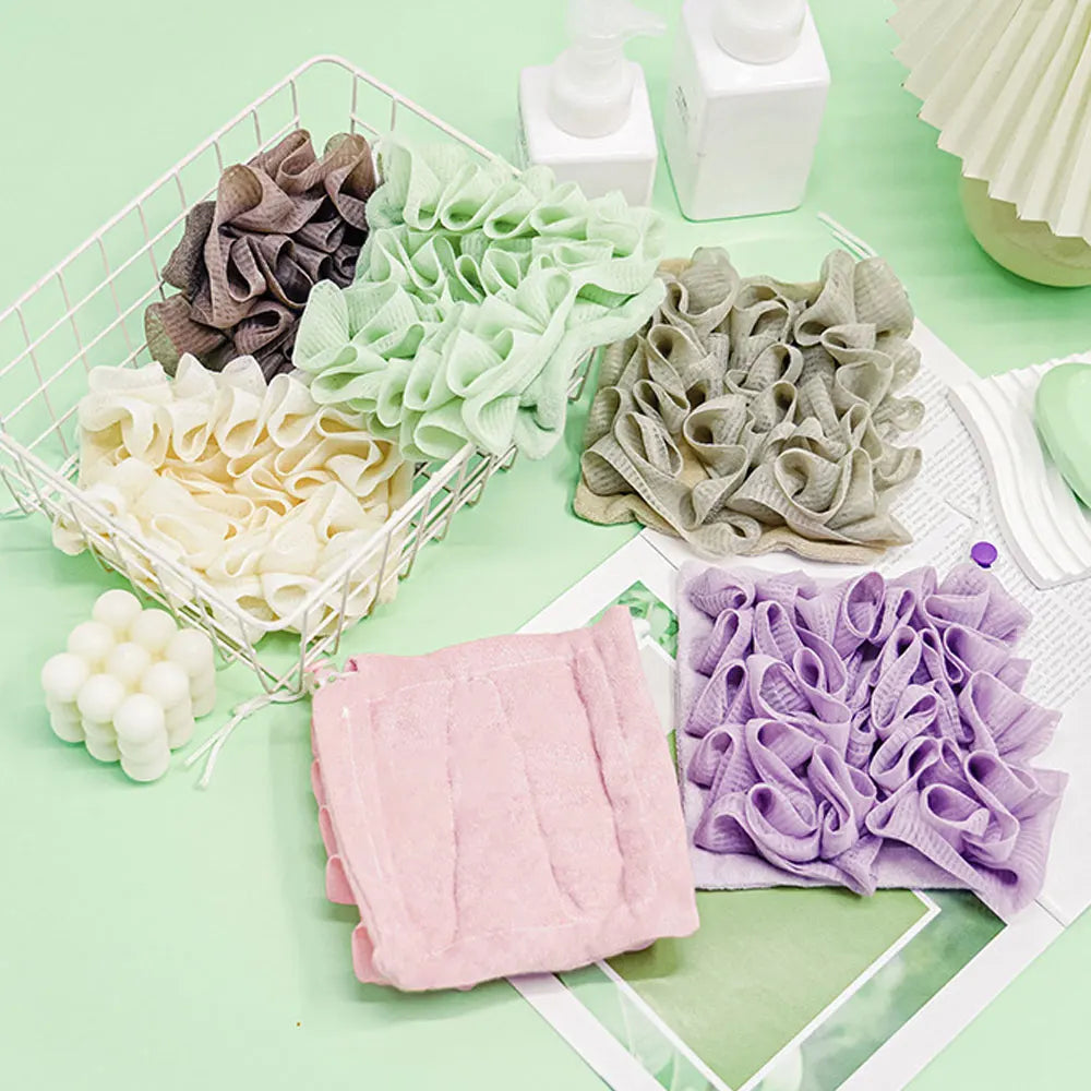 2-in-1 Loofah Soap Pouch – Soft Mesh Bath Sponge & Towel with Drawstring for Gentle Exfoliation