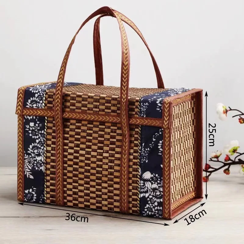 Handcrafted Bamboo Picnic Basket – Foldable Retro-Style Bag with Handles for Fruits, Snacks & Gift Presentation"