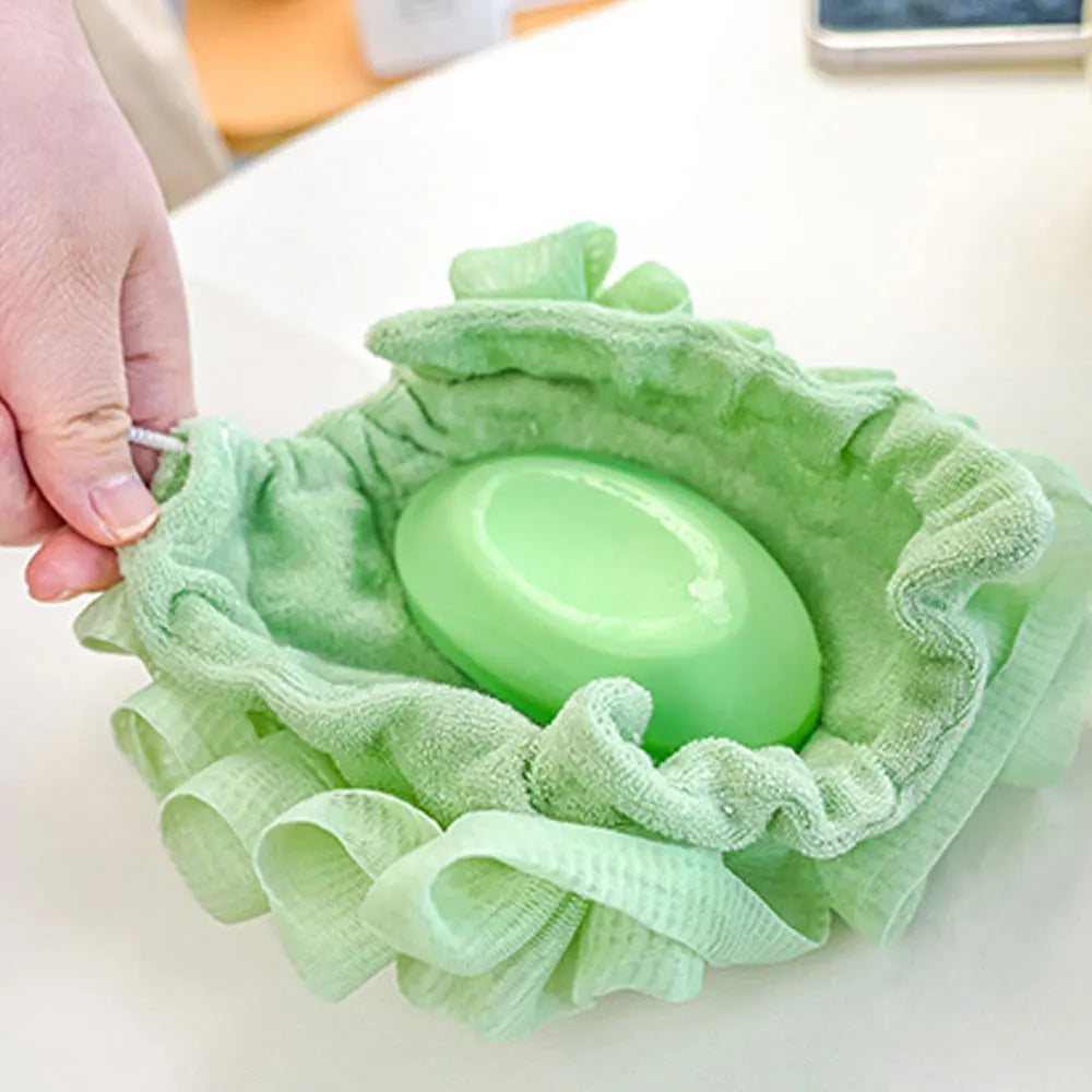 2-in-1 Loofah Soap Pouch – Soft Mesh Bath Sponge & Towel with Drawstring for Gentle Exfoliation